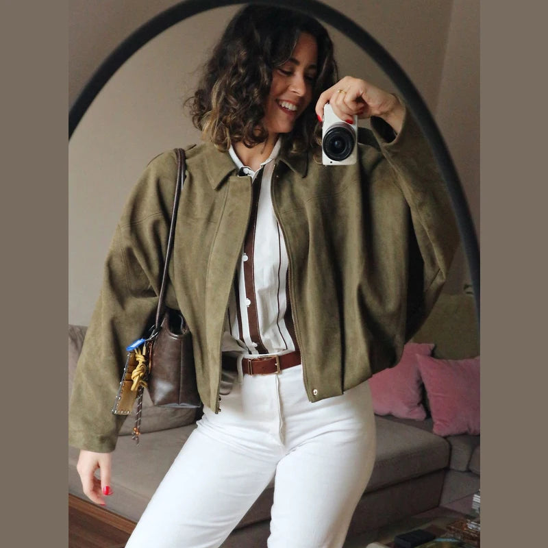 Freya™ | Kvinne Cropped Suede Bomberjakke